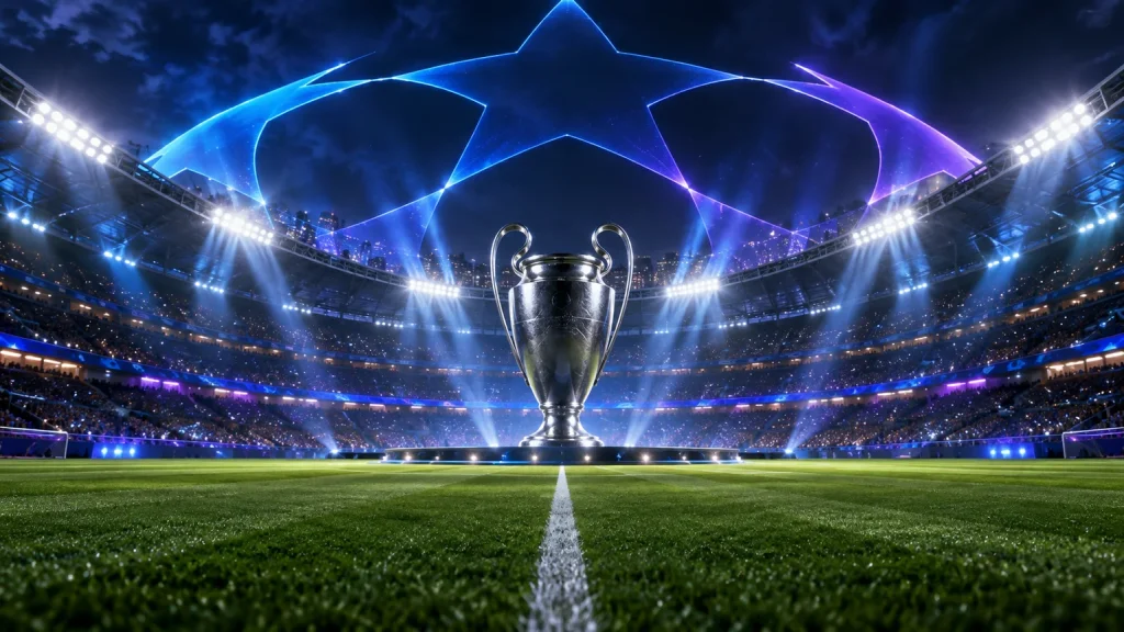 ملعب كرة قدم مضاء وكأس فضية في ليلة أوروبية