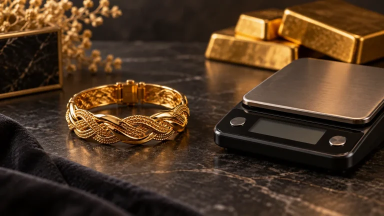 سوار ذهبي وميزان مجوهرات لحساب سعر الذهب عيار 21