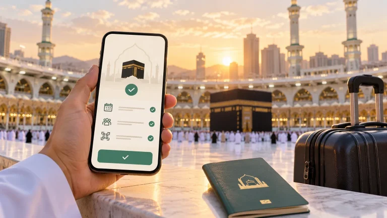 هاتف يعرض تصريح عمرة رقمي أمام المسجد الحرام
