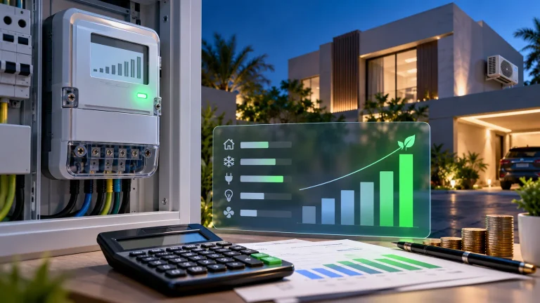 عداد كهرباء رقمي بجانب منزل وحاسبة للفواتير