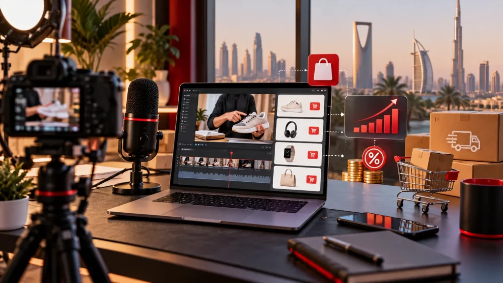 صانع محتوى عربي يصور منتجًا مع واجهة تسوق رقمية